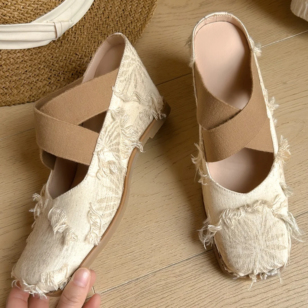 Women's fringe canvas fabric wedge summer mules square toe elastic band cross strap new slides sandals high quality shoes woman