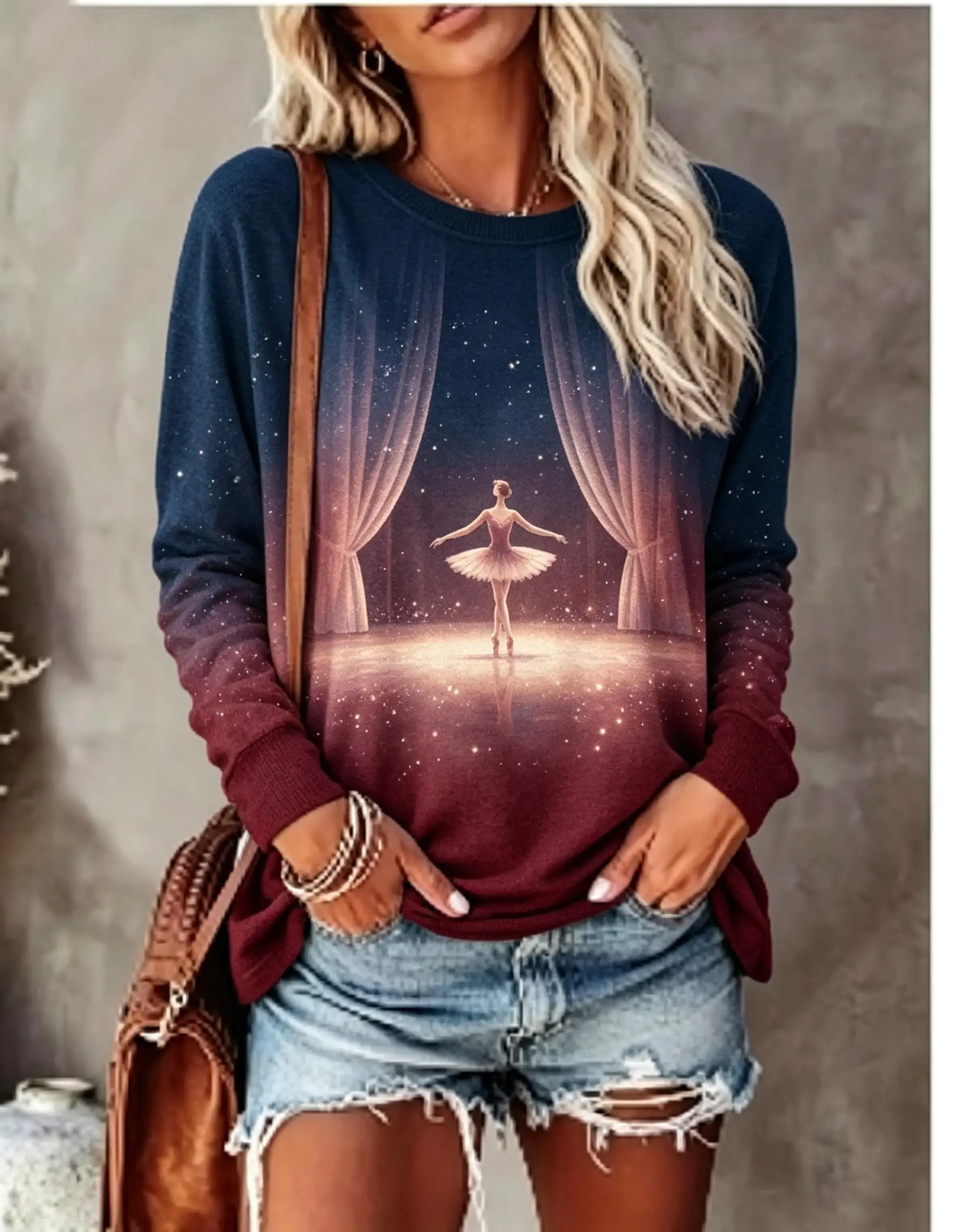 Camiseta de manga larga para mujer con estampado de bailarina de ballet, cortina de escenario, estrellas brillantes y degradado, cuello redondo.