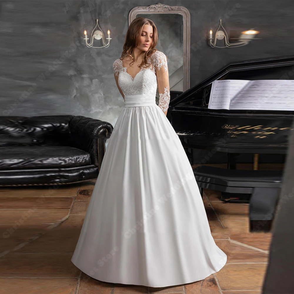 

Elegant A-Line Women Wedding Dresses Lace Flower Printing Mopping Length Princess Bridal Gowns Ball Vestido De Novia Customized