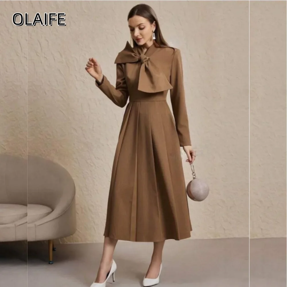 

Satin Customized High Neck Tea length Big Bow A-line Draped Long Sleeves Pleat Zipper Homecoming Dresses vestidos de fiesta