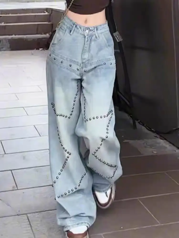 American Retro Rivet Straight Jeans Women's Fashion Design Spice Girl Loose Wide-leg Pants Baggy Jeans