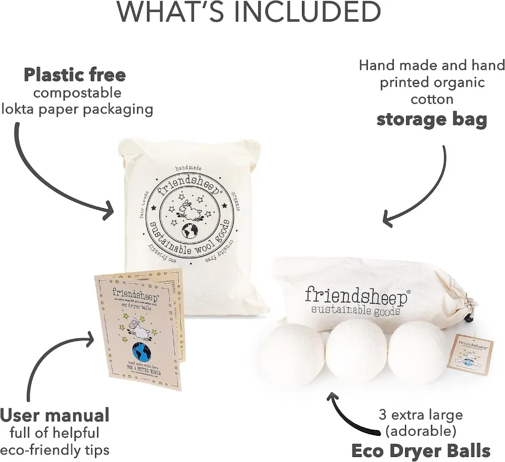 Organic Wool Dryer Balls, Reusable Fabric Softener, Hypoallergenic, Eco-Friendly, Plastic-Free, 3 Pack XL