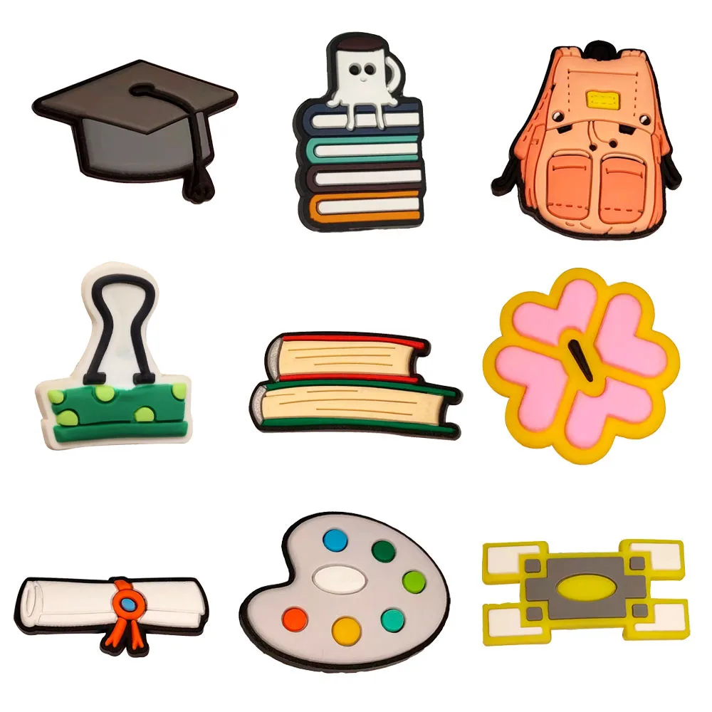 1pcs PVC Shoe Charms Book Schoolbag Palette Shelf Academic Hat Garden Shoes Button Fit Wristbands Ornament Slipper Accessories