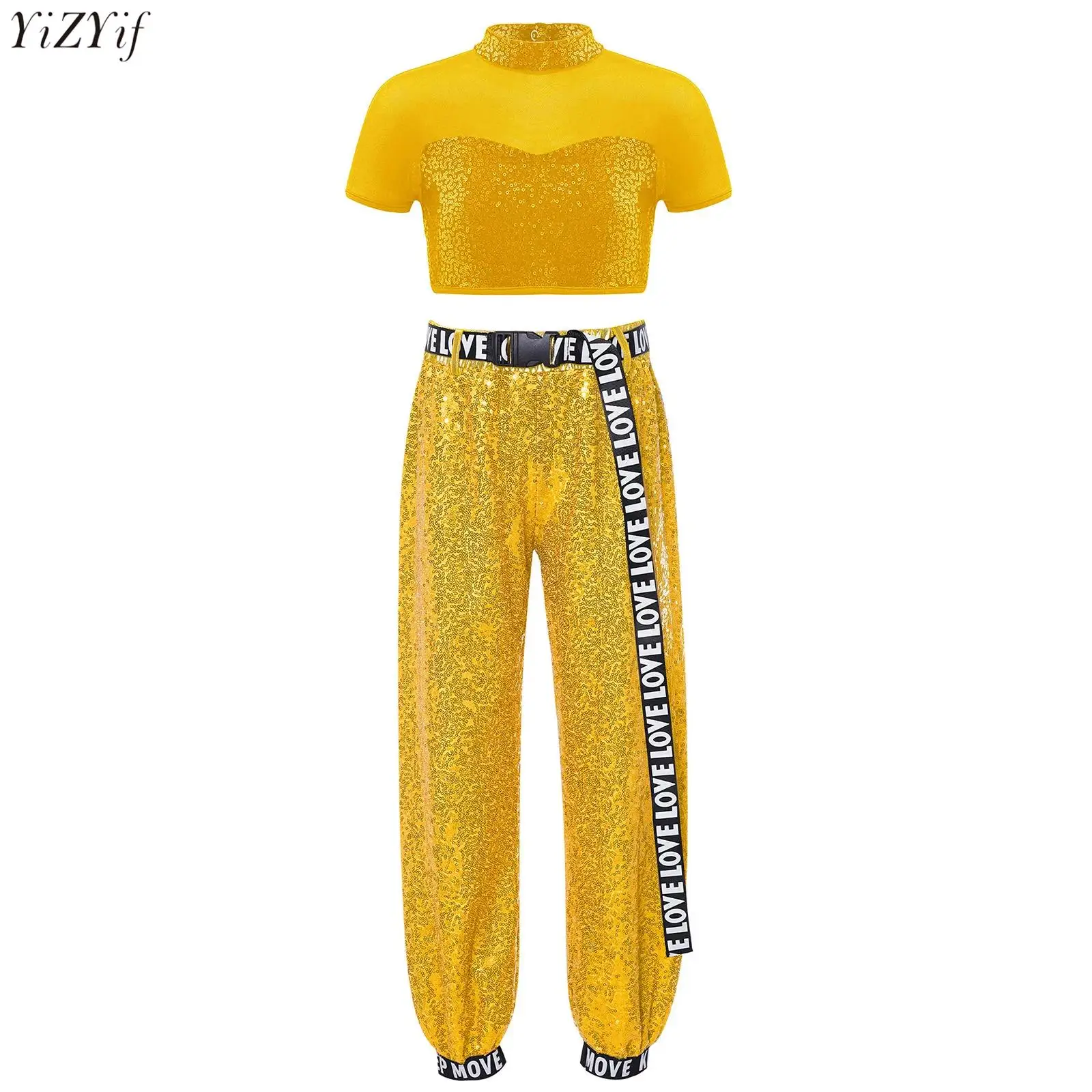 

Kids Girls Hip Hop Jazz Dance Outfit 2Pcs Short Sleeve Mesh Patchwork Cutout Back Shiny Sequins Crop Top+Pants+Letter Print Belt