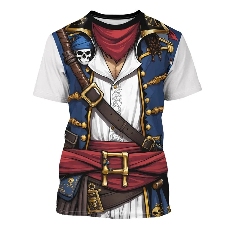 Funny Men's Pirate Costume 3D Print T-Shirt Skull Pirate Uniform Fake Outfit Graphic Short Sleeve Halloween Party Tee Tops