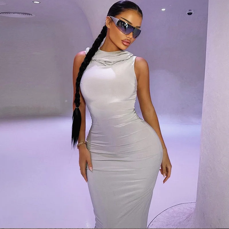 Summer Women's Pure Color Hoodie Svel Bodycon Dr Split Bal Knitted Polyester Thiened mid Waist Gown