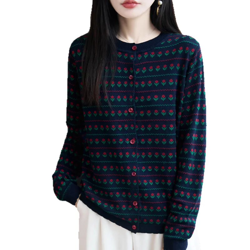 المرأة مكتب تنوعا زهرة صغيرة الصوف سترة أنيقة موضة تريكو ربيع الخريف جديد الحد الأدنى سترة سترة