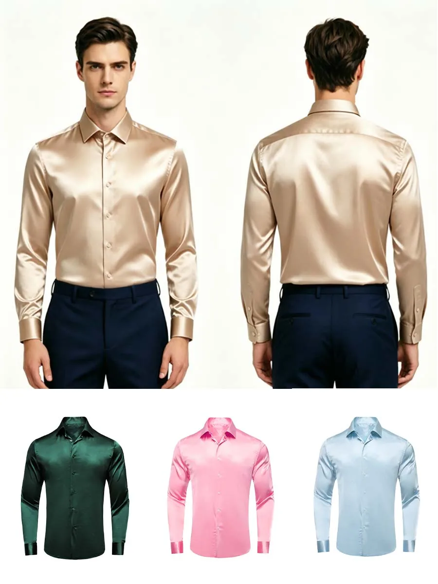 Men's Solid Lapel Long Sleeve Shirt, Comfort Breathable Fabric. Colors: Brown, Purple, Pink, Blue or Green