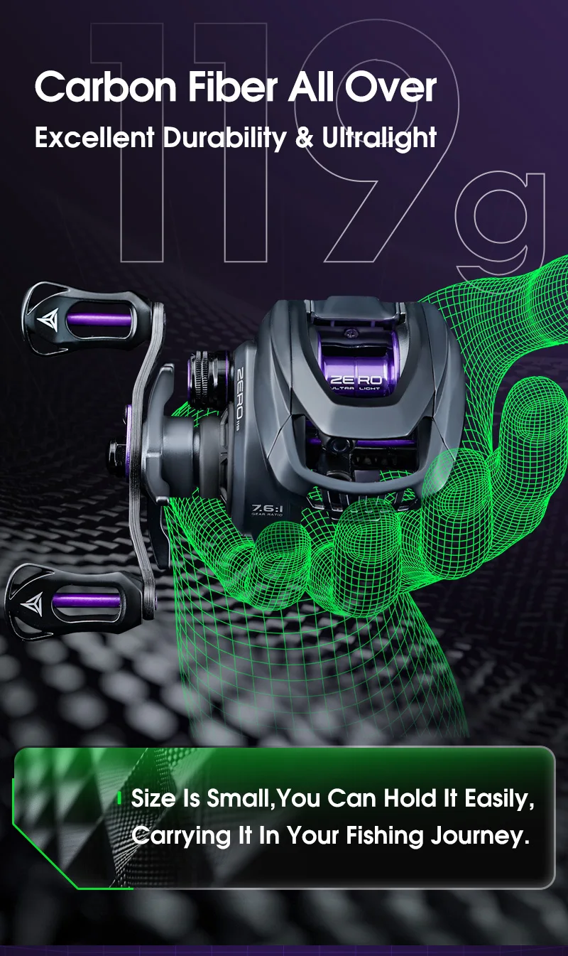 Seasir ZERO119 BFS Baitcasting-Angelrolle, Kohlefaser, 119 g, 2 Hybrid-Keramiklager, 7,6:1, 8 + 1BB, maximale Zugkraft, 4 kg Doppelspulen – Detail 3
