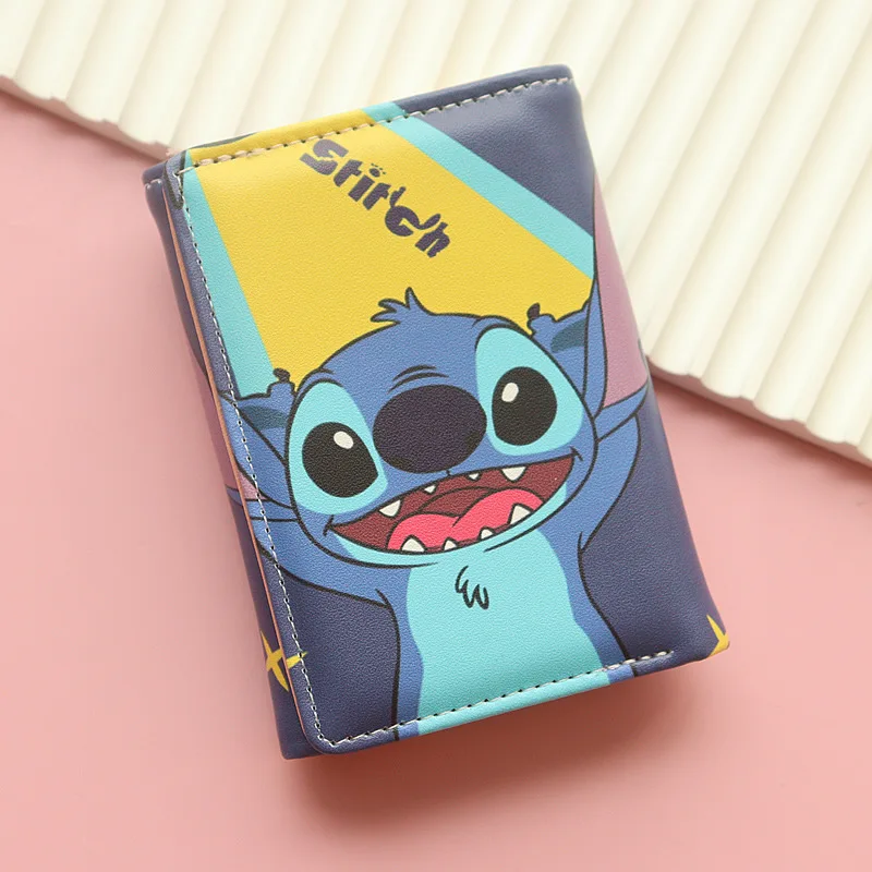 Cartera bonita de Stitch de Disney, billetera de 3 pliegues de película de dibujos animados, monedero para estudiante, tarjetero, tarjeta de identificación, tarjeta de comida, juguetes de regalo para niñas