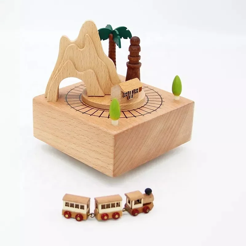 Hot Sale Christmas Gifts Mechanical Train Wooden Music Box for Kids