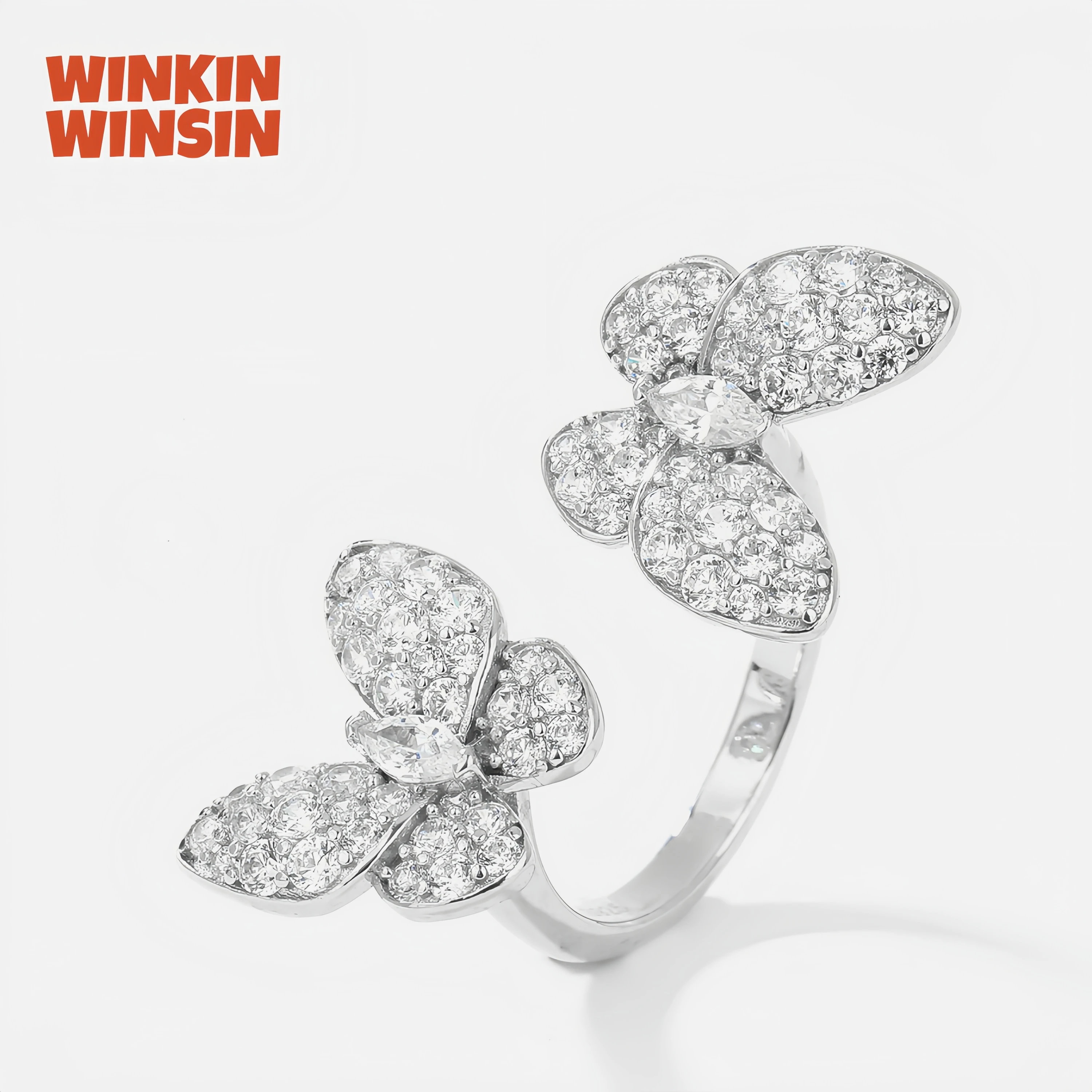 WINKIN WINSIN ماركة MST 925 فضة مزدوجة فراشة الماس حلقة مفتوحة عالية الكربون الماس الزركون خواتم غرامة مجوهرات