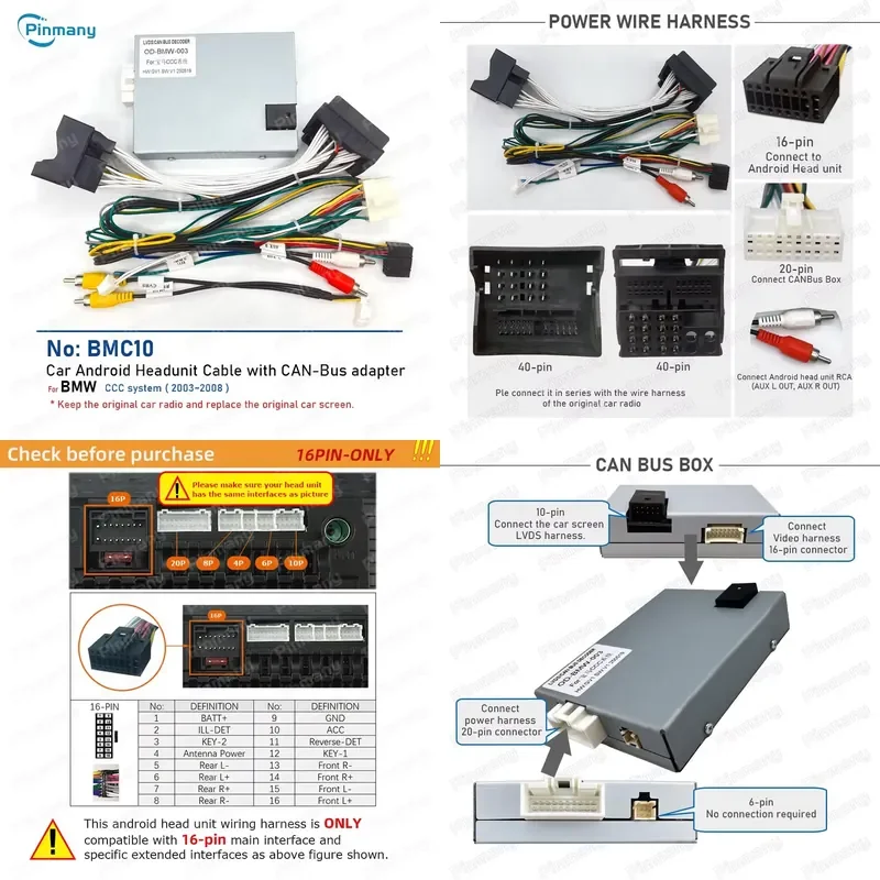 Car Radio Cable Adapter Android Head Unit Power Wire Harness Connector CAN Bus Decoder BMC10 for CCC System