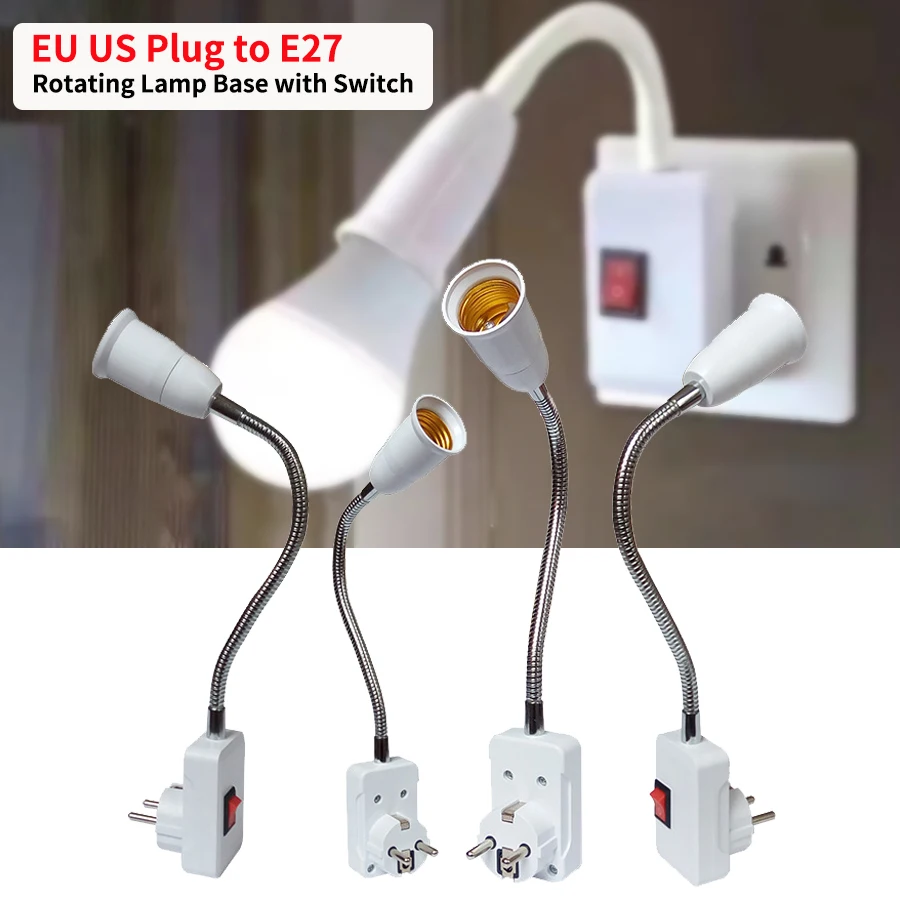 Flexible EU US Plug to E27 Lamp Holder With Switch Rotating Lamp Base Table Lamp Converter Sockets For Light Bulb 20cm 30cm 50cm