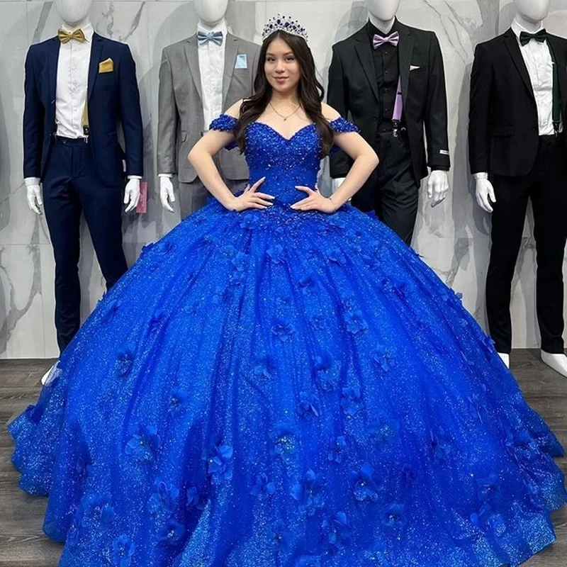 

Royal Blue Shiny 3D Handmade Flowers Ball Gown Quinceanera Dresses Off The Shoulder Beading Crystal Vestido De 15 16 Anos