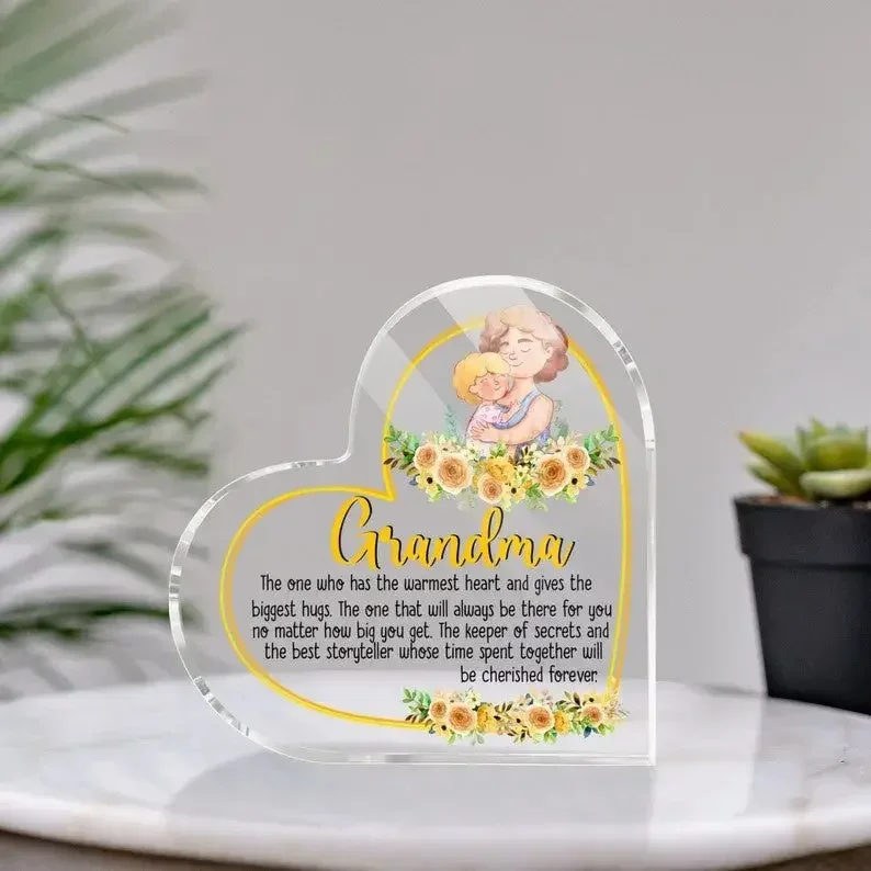 Grandma Smile Print Acrylic Heart Plaque Grandmother Gifts Granddaughter Grandson Kid for Grandmother Keepsake Table Desk Decor