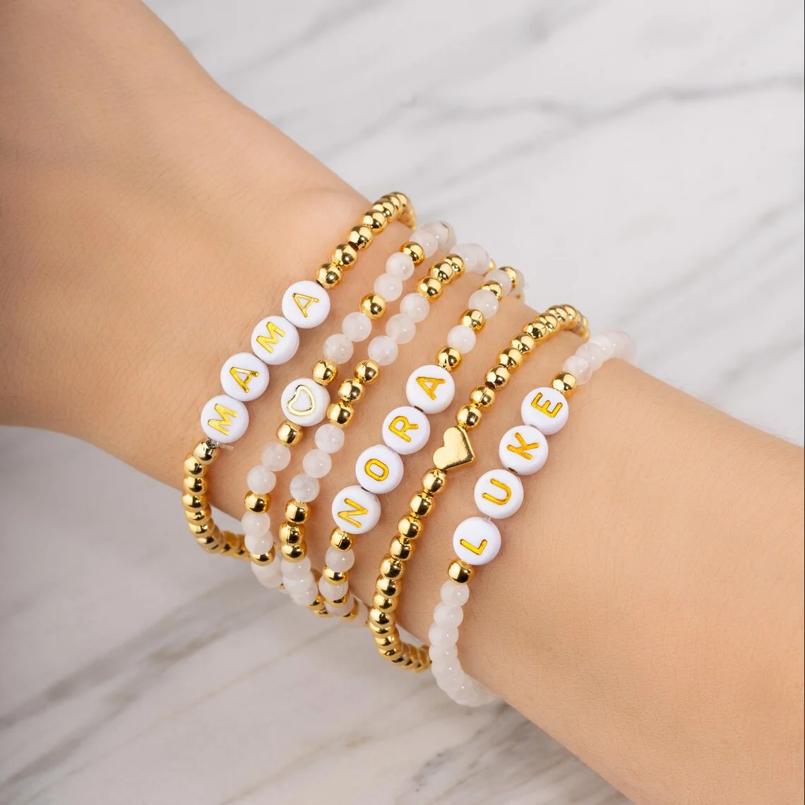 CCGOOD Natural Moonstone Custom Letter Name Bracelet 18 K Gold Plated Beaded Stretch Stacking Bracelets Women Daily Jewelry