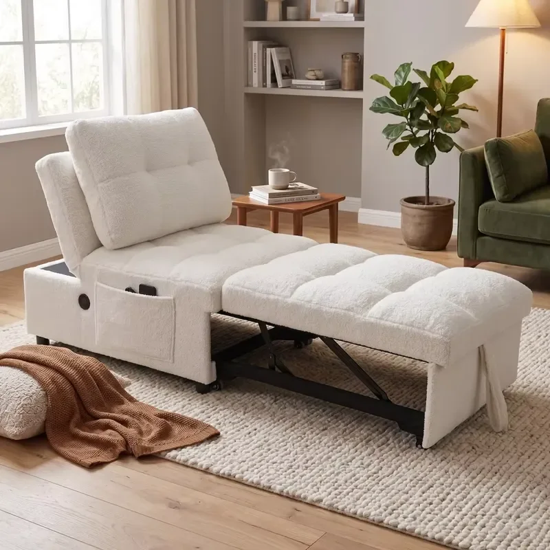 Single Sofa Bed Soft Teddy Fabric Built-in USB Port Side Pocket Air Sofa