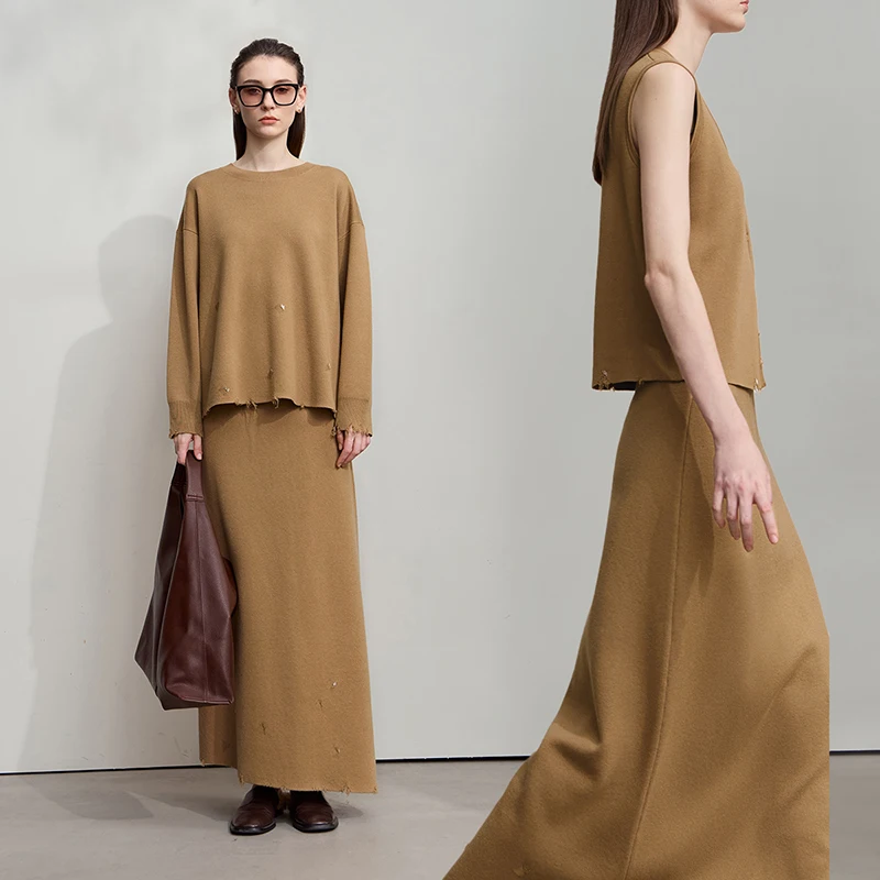 Amii saias para mulheres 2025 outono nova cor sólida commuter solto médio e longo camisola longo assimétrico midi vestido 12554006