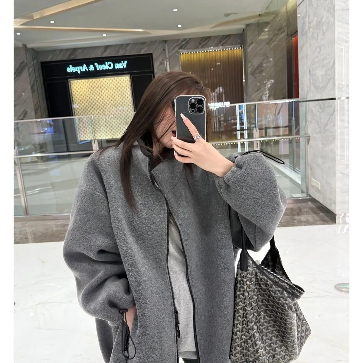 

2025 Autumn and Winter Fleece Thickened Double-Sided Fleece Grey Stand-Up Neck Zipper Loose Lamb Jacket