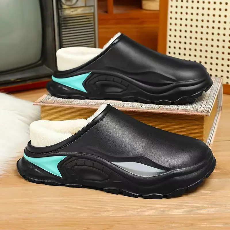 

Men Waterproof Baotou Cotton Slippers Winter New Thick Sole Non Slip Light Home Cotton Plush Keep Warm Outdoor Cotton Slippers