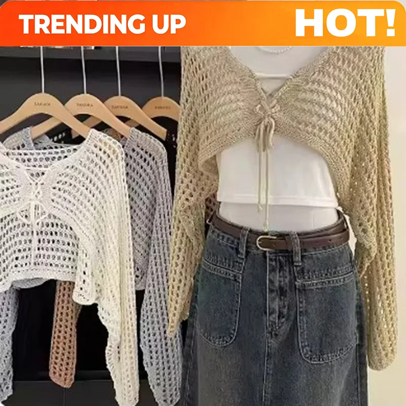 Customization Crochet Crop Tie Front Cardigan Women Long Sleeve Sheer OpenKnit Bolero Shrug Top Summer Beach Bikini Cover Up Y2K