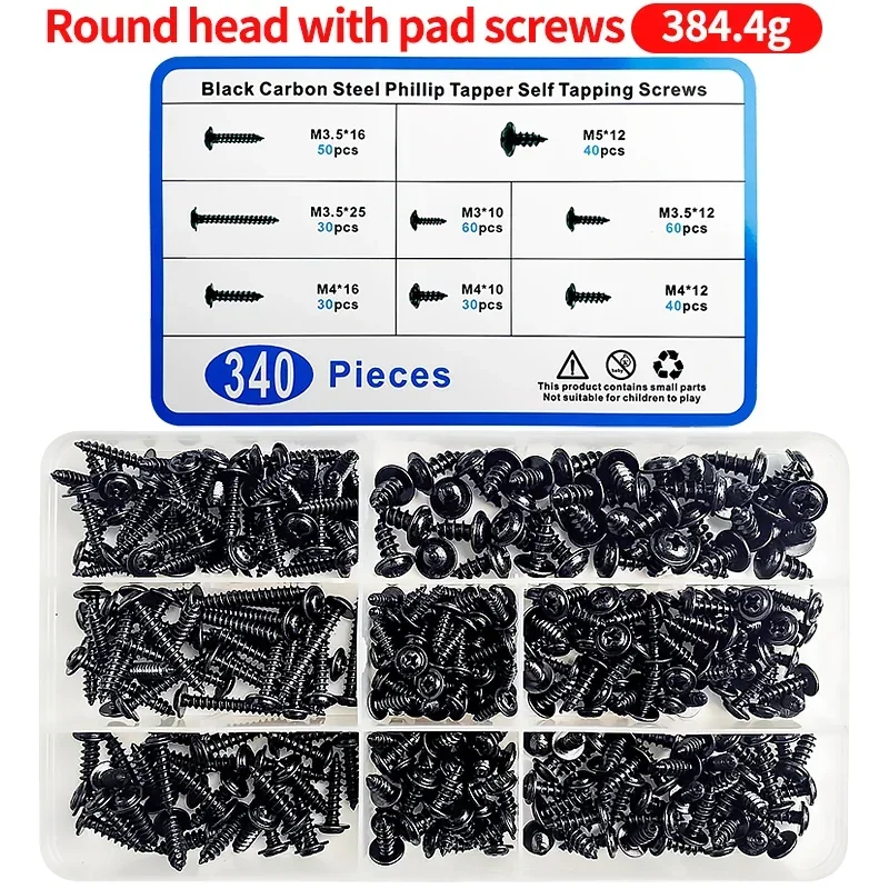 340pcs/Box Cross Head Self Tapping Screws Set Pan Head Tapping Screw  Assortment Kit Black Furniture Carbon Steel M3/M3.5/M4/M5