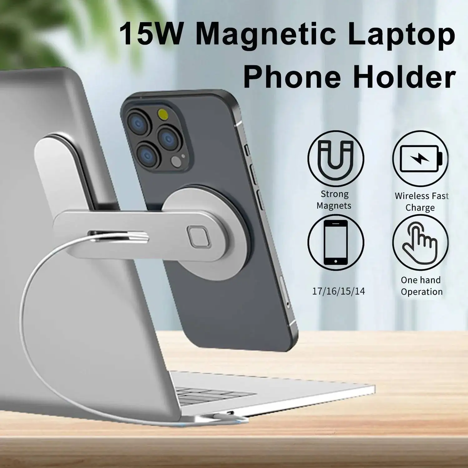 

Laptop Phone Holder 15W Fast Wireless Laptop Charger Laptop Phone Mount Compatible With iPhone 17 16 15 14 Magnetic Phone Holder