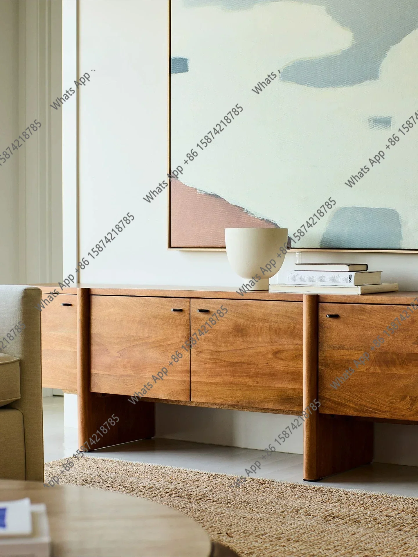 N40 Designer Second-hand TV Sideboard, Solid Wood Entryway, French Natural Style, Retro Log Art Floor Cabinet, Old Money Dining