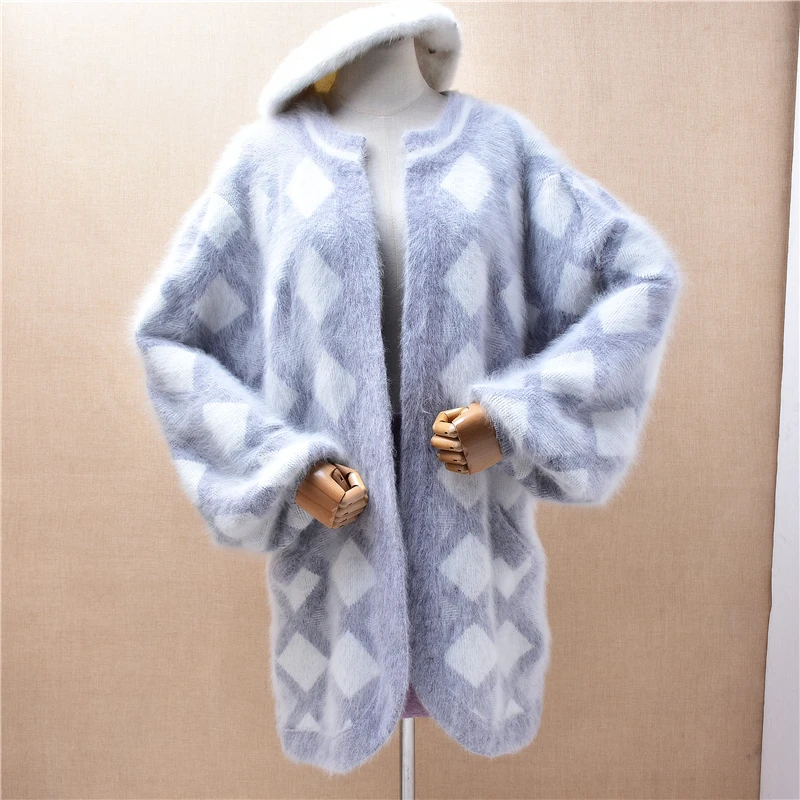 

Ladies Women Fall Winter Korean Fashion Plaid Hairy Mink Cashmere Knitted Long Lantern Sleeve Loose Cardigan Mantle Coat Sweater