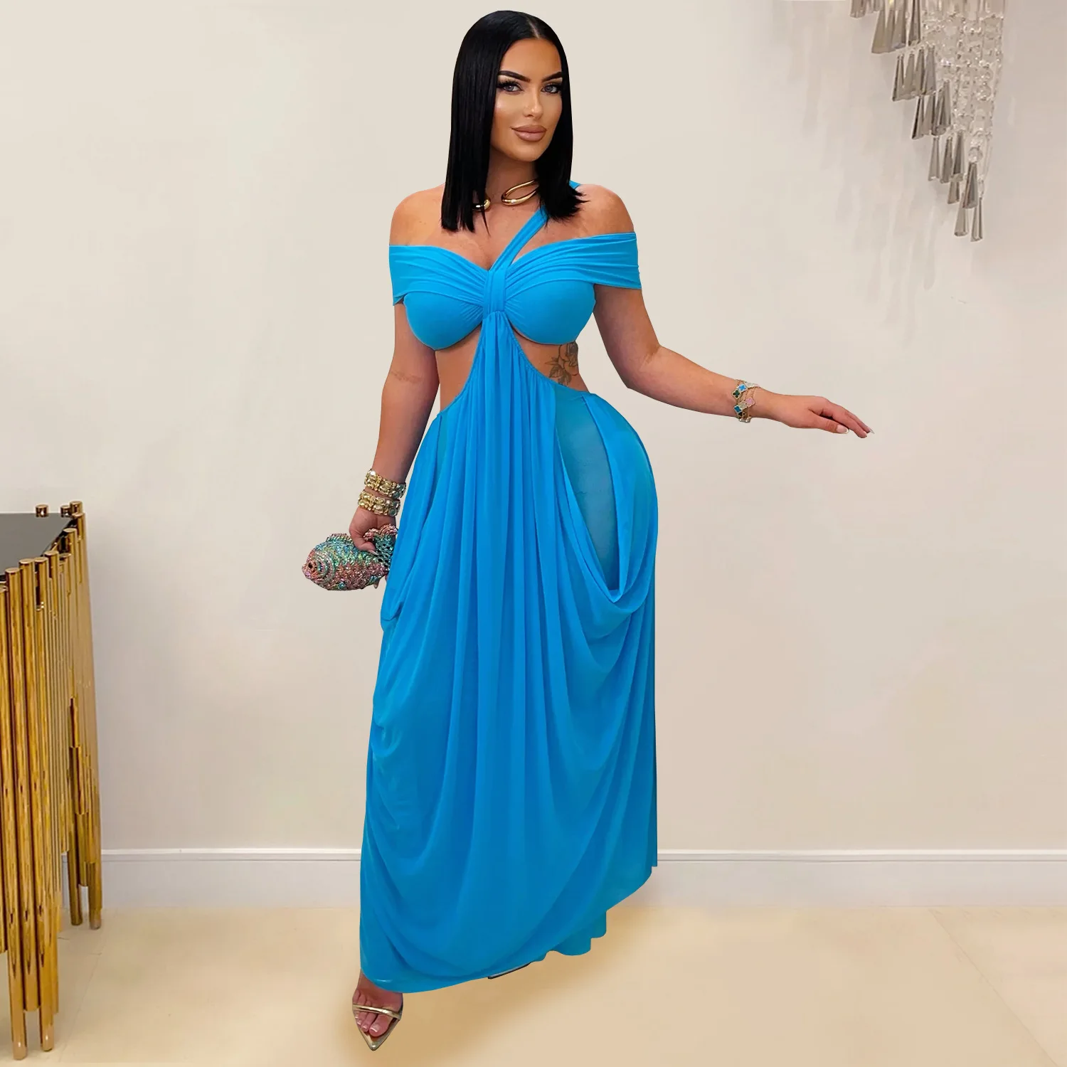 DSMTRC 특별 행사 가운 느슨한 셔링 나이트 아웃 베스 티드 클럽웨어 드레스 세련된 여성 컷 아웃 계층화 된 불규칙한 파티 드레스