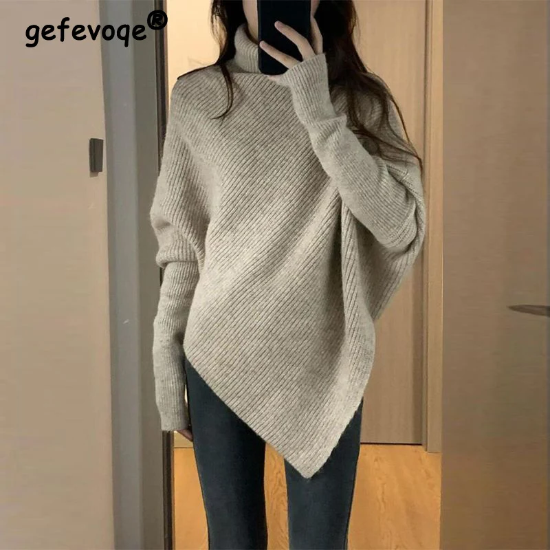 2022 Autumn Winter Korean Fashion Irregular Turtleneck Solid Oversized Knitted Sweaters Women Solid Long Sleeve Pullovers Jumper