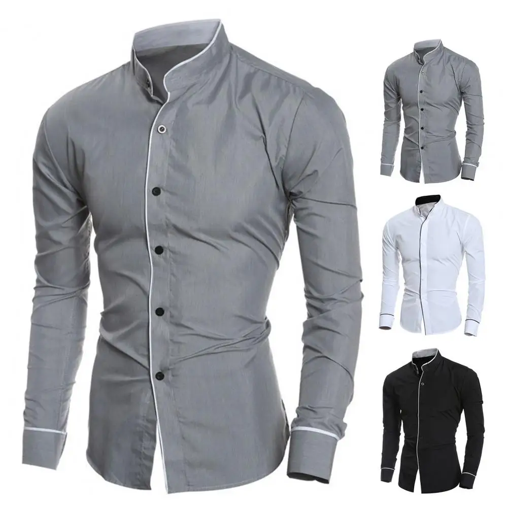 

Fabulous Male Shirt Stand Collar Casual Contrast Color Line Male Shirt Soft Slim Spring Shirt for Work