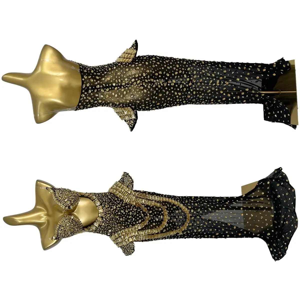 

Black Mesh Mermaid Maxi Dress Gold Rhinestone Bust Decor High Slit Sheer Nightclub Stage Performance Sexy Evening Gown Jinguan