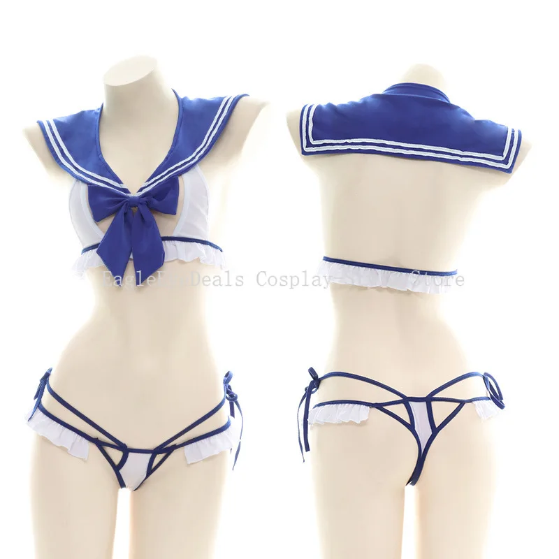 Traje de baño japonés Sexy para sirvienta, traje de marinero azul con lazo, ropa de dormir dividida, traje de baño para estudiantes de escuela, uniforme, lencería tentación
