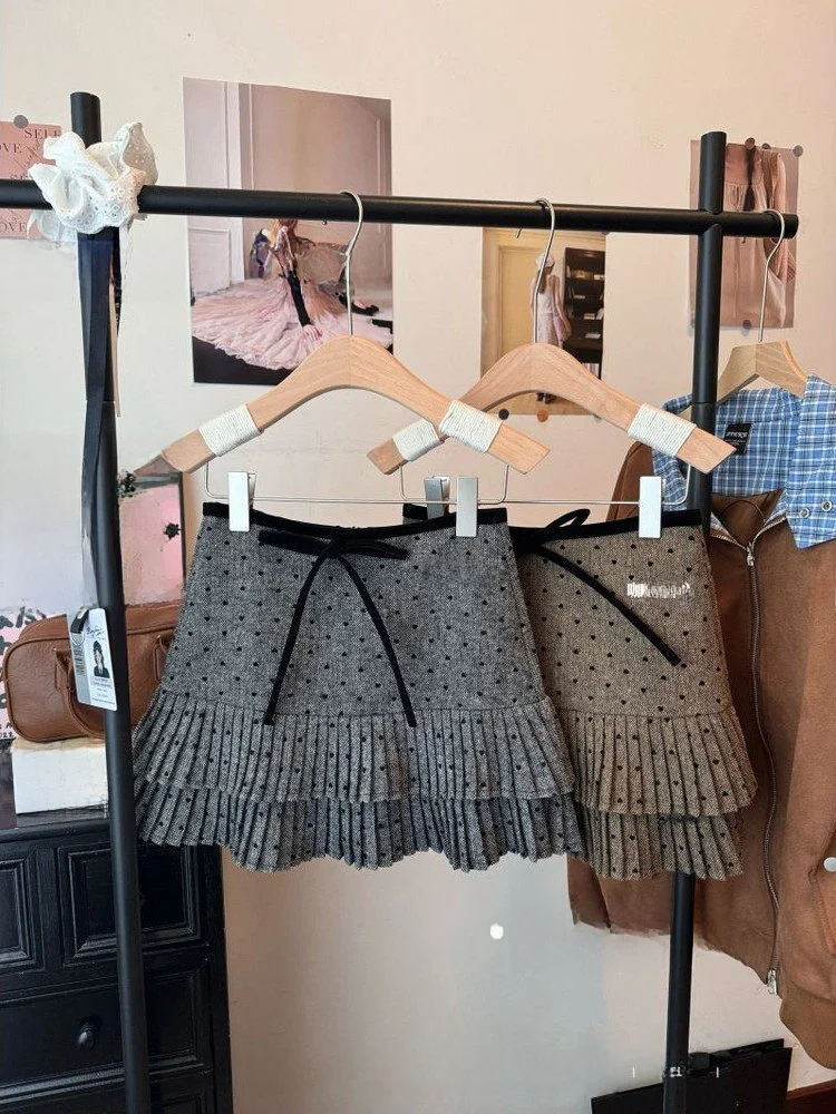 

Юбка трапециевидной формы с бантом в горошек, женская зимняя шерстяная юбка, корейская милая универсальная юбка с высокой талией