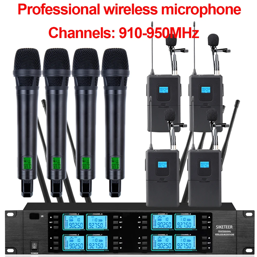 Microphone sans fil, 8 canaux, 910-950 MHz, microphone portable, adapté aux mariages, églises et aux performances sur scène.