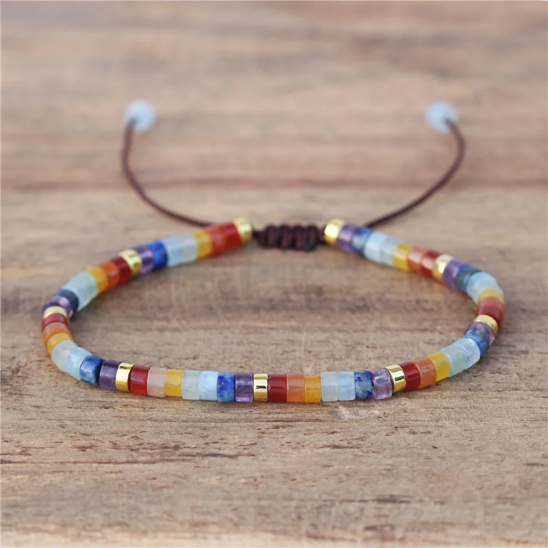 Exclusive New 7 Chakra Natural Stone 2x4mm Tile Beads Dainty Bracelet Stretch Tibetan Adjustable Bracelet Boho Jewelry Wholesale