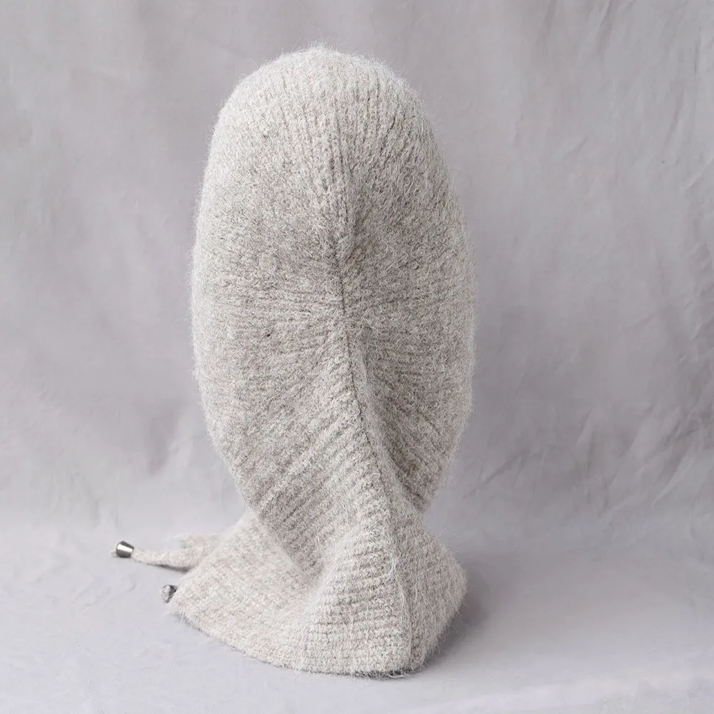 Trendige Winter-Balaclava-Mütze aus dickem Garn mit Ohrenschutz, einfarbige, gemütliche Fleece-Beanie-Mütze mit integriertem Schal – Detail 4