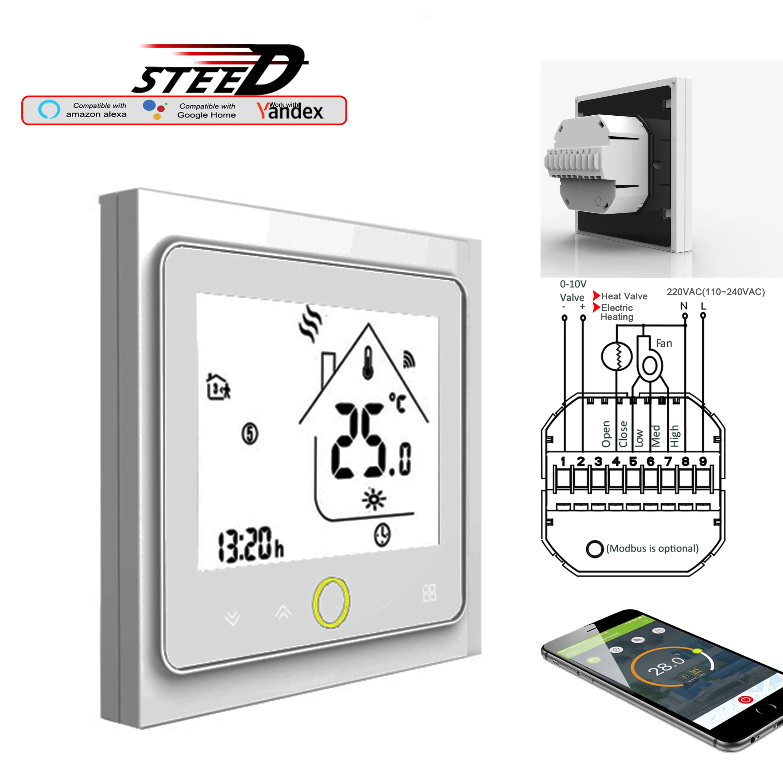 Termostato CE WIFI, Válvula de resfriamento 0-10V, 100% Switch Válvula de aquecimento, Cobertura de 3 velocidades, Ar condicionado