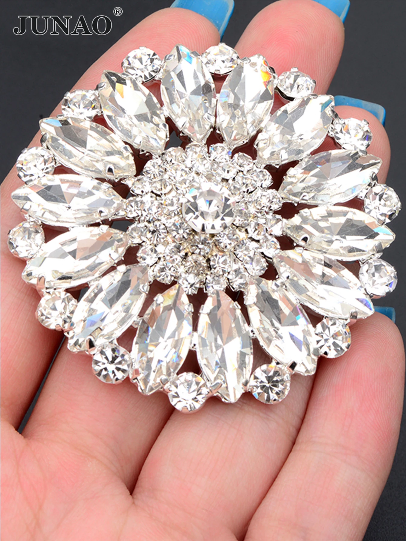 JUNAO 1Pcs 52mm Sew On Sapphire AB Glass Flower Rhinestones With Claw Gold Base Crystal Stone Appliques For Shoes Crafts
