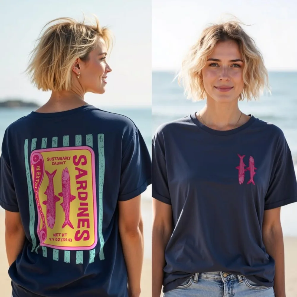 面白いイワシ両面グラフィックコットン Tシャツビーチ漁師ユニセックスシャツ沿岸海上ヴィンテージ Y2K 夏美的トップス