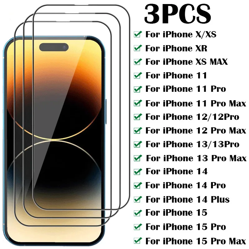 3PCS Tempered Glass For iPhone 15 14 13 12 11 Pro Max 13 Mini Screen Protector For iPhone 14 15 Plus X XR Xs Max Glass Film