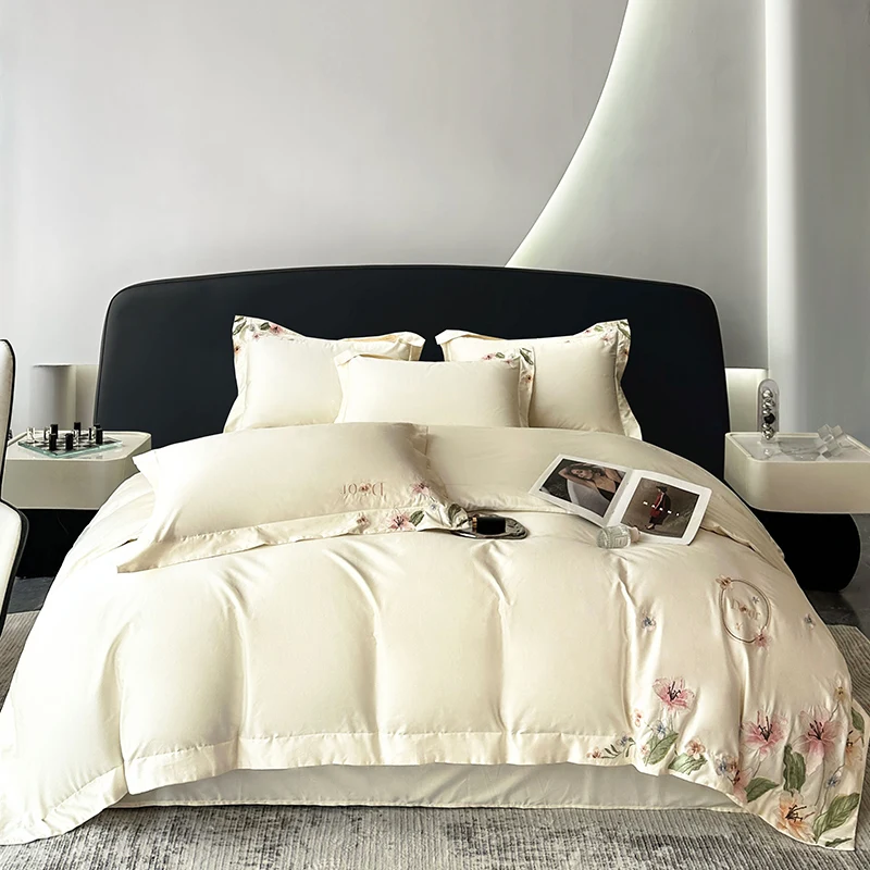 Lily Flowers Embroidery Bedding Sets Queen King Size 4pcs Beige 100% Cotton Duvet Cover Bed Sheet Pillowcases Home Textile