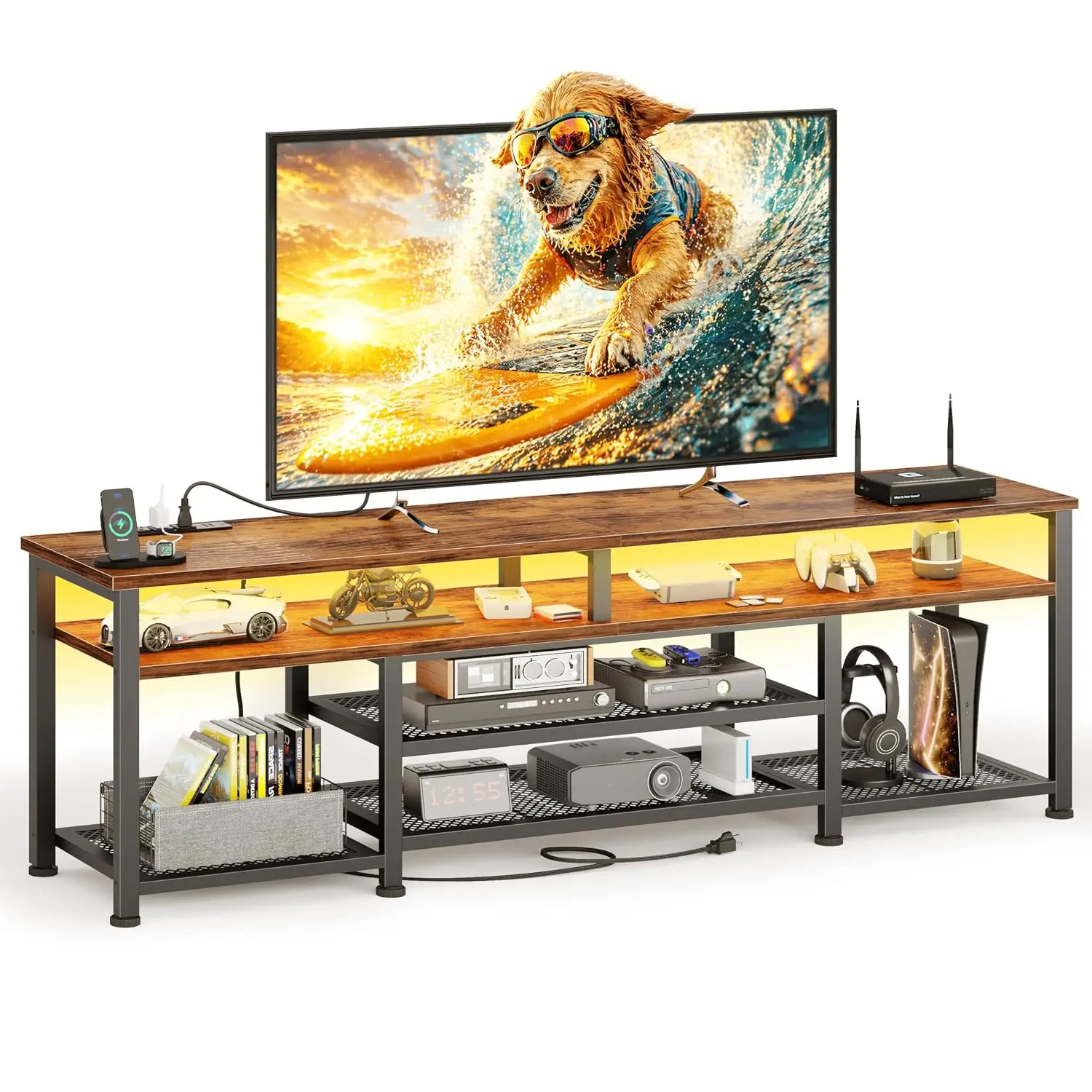 TV Stand Entertainment Center 71in With LED Lights & Power Outlets Open Shelves For Living Room Bedroom Rustic Brown, Customized