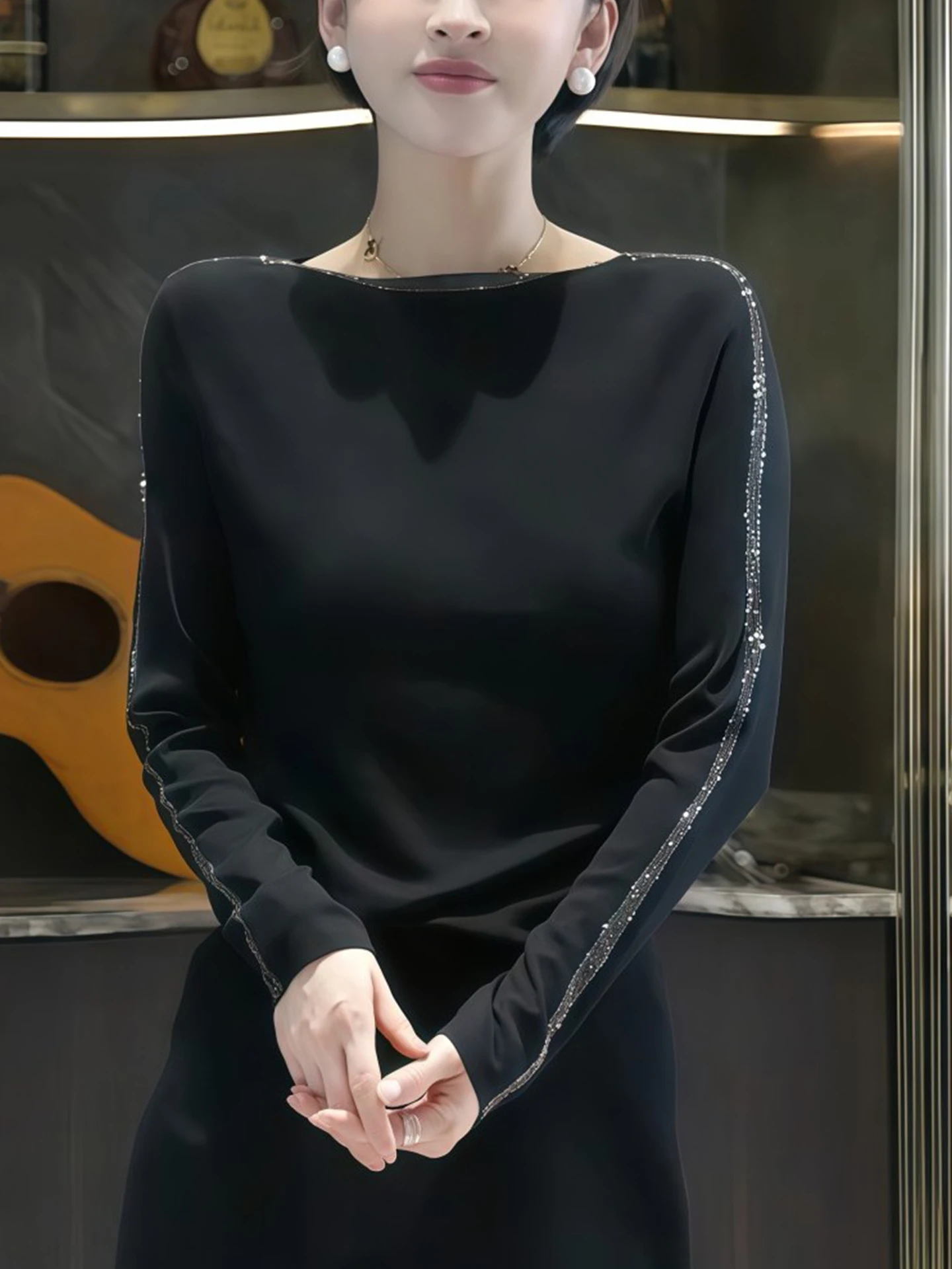 Elegant Knitted Top Fashionable Comfortable Base Layer Shirt with Hotfix Rhinestones Trendy Ageless Straight Cut Winter Long ...