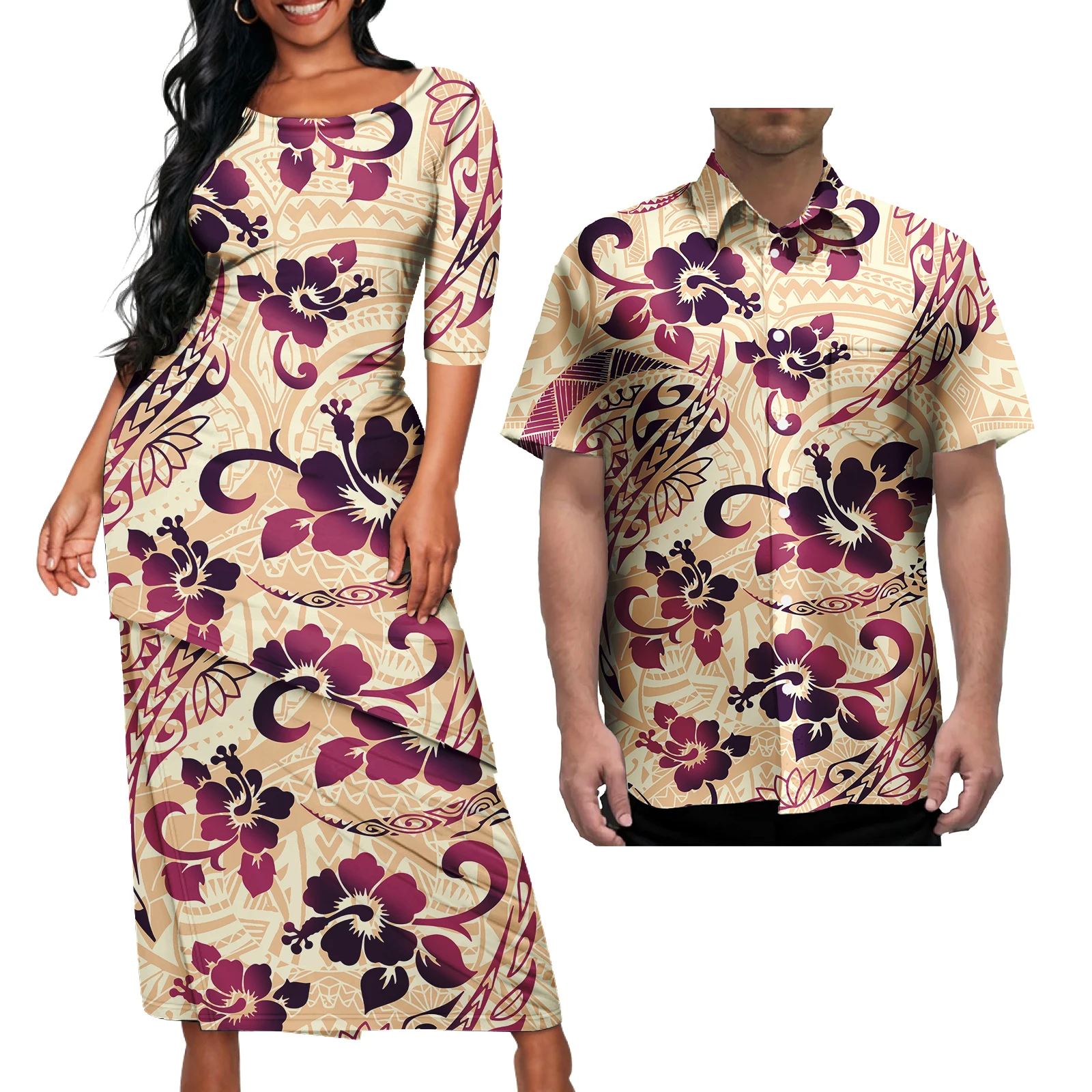 

Summer polynesian Elei Tribal Couple Clothes Mens Shirts Woman puletasi long straight skirt for