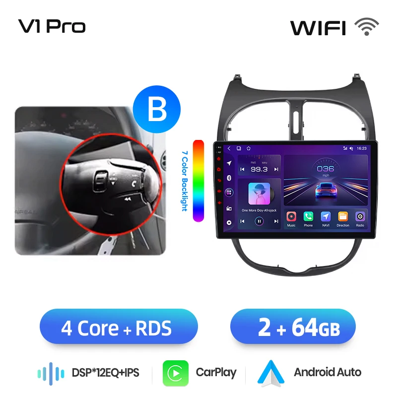 Junsun draadloze CarPlay Android Auto autoradio voor Peugeot 206 (Hatch/CC/SW) 1998-2012 met ingebouwde koelventilator, Android GPS navigatie, multimediaspeler, WiFi, DSP, RDS, BT, SWC, IPS