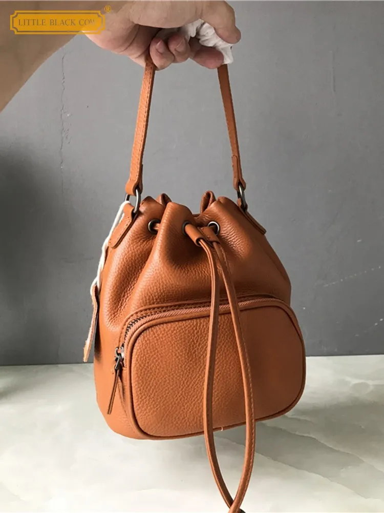 Women Casual String Bucket Bag Cowhide Genuine Leather Shoulder Bag Teenager Girls New Handbag Small Totes Strap Crossbody Bag