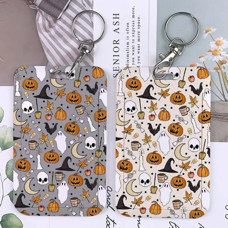 Halloween Autum Leaves Keychain Card Holder Keychains Spooky Ghost Bat Pumpkin Holders Bank Bus ID Credit Cards Key Ring Chains